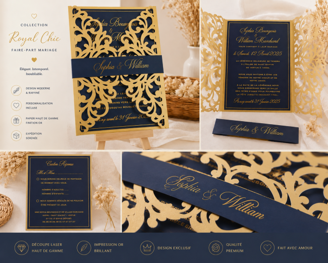 Faire-part mariage Royal Chic bleu marine et or – Invitation...