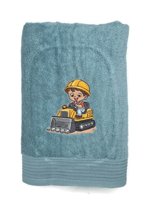 Serviette brodée personnalisée avec prénom et motif petit conducteur de bulldozer