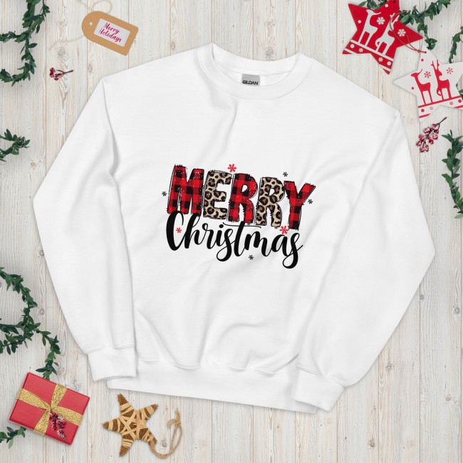 Sweat Noël « Merry Christmas » – Design Tartan & Léopard Sweatshirt Blanc Unisexe Tenue Fêtes & Idée Cadeau (2)