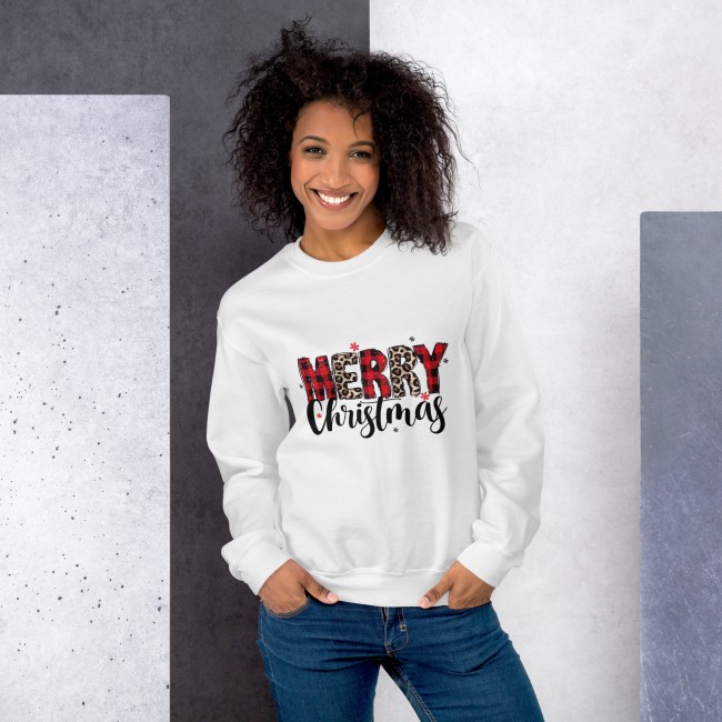 Sweat Noël « Merry Christmas » – Design Tartan & Léopard Sweatshirt Blanc Unisexe Tenue Fêtes & Idée Cadeau (3)