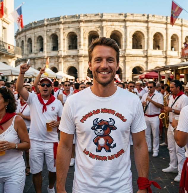 T-Shirt Féria de Nîmes 2026 - Le Retour du Boss - Édition Collector Taureau Mascotte (1