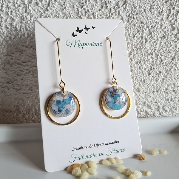 Boucles d’oreille femme fait main en France en pâte polymère et acier inoxydable Collection Bleu de poésie