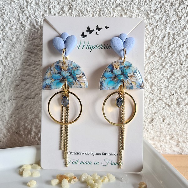 Boucles d’oreille femme fait main en France en pâte polymère et acier inoxydable Collection Bleu de poésie 2