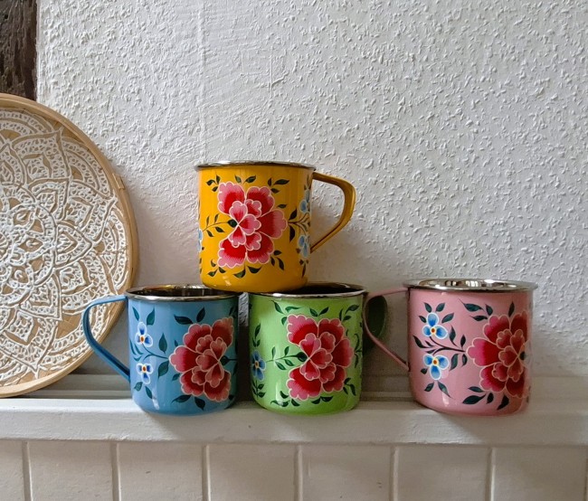 Tasse inox émaillé peint main Inde-Cup stainless steel hand painted enameled India