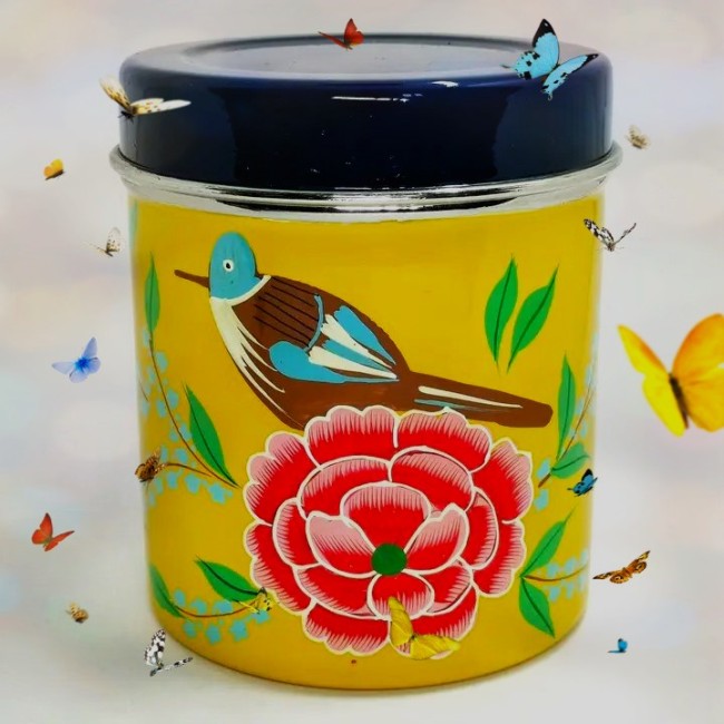 Boite thé émaillée ronde peinte main-15X10cm -Hand painted round tea spices box canister