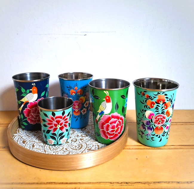 Gobelet vase inox émail peint à la main Inde- Ø 8 cm-Tumbler stainless steel enameled hand painted
