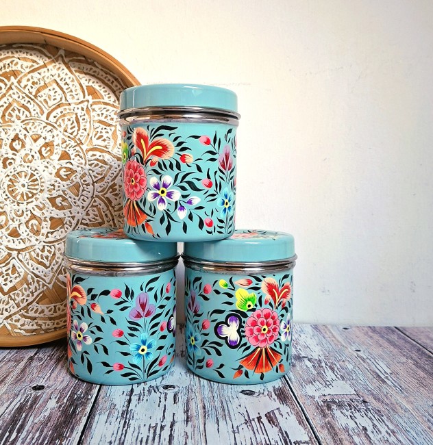 Boite épices thé émaillée ronde peinte main-10X8cm-Hand painted round tea spices box canister