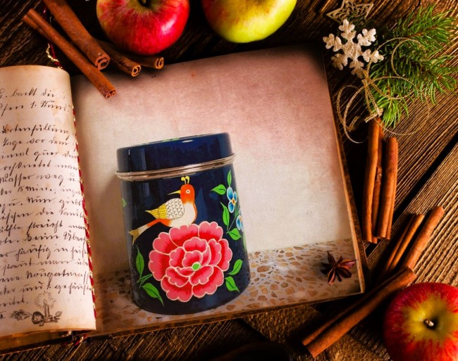Boite thé émaillée ronde peinte main-15X10cm-Hand painted round tea spices box canister