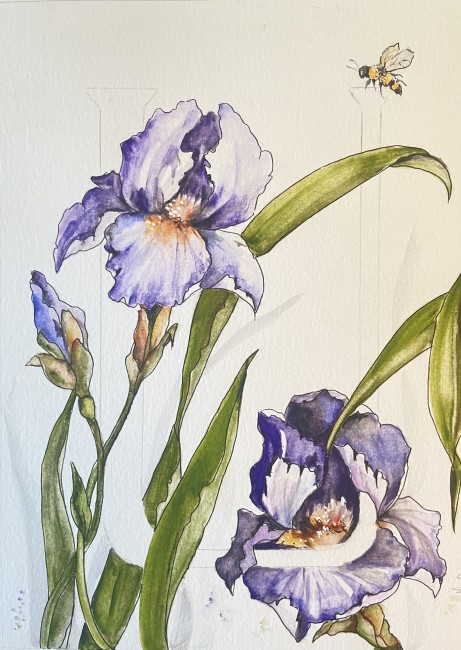 Initiale peinte à la main d'une feuille d'or véritable et entourée d'un décor à l'aquarelle de deux iris - cadeau personnalisé