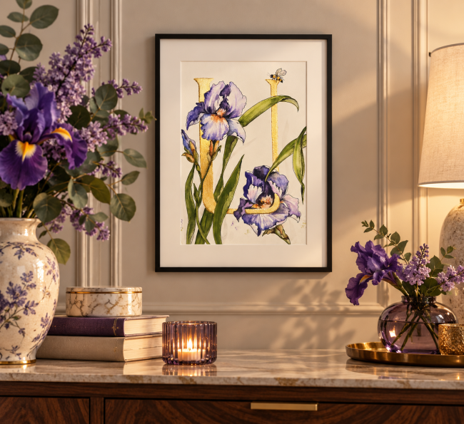 Initiale peinte à la main d'une feuille d'or véritable et entourée d'un décor à l'aquarelle de deux iris - cadeau personnalisé