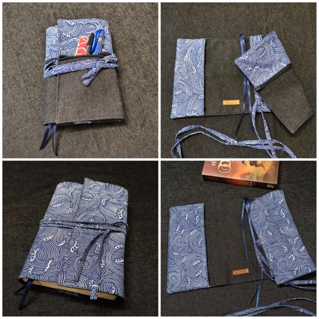 protège livre de poche a4 A5 en jean et coton motif hokusai bleu et blanc vagues.