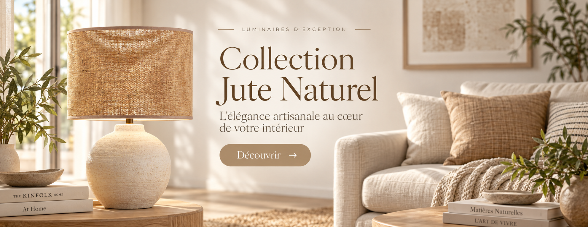 Abat-jour en jute naturel présenté dans un salon lumineux et élégant – Collection Kauze Luminaires