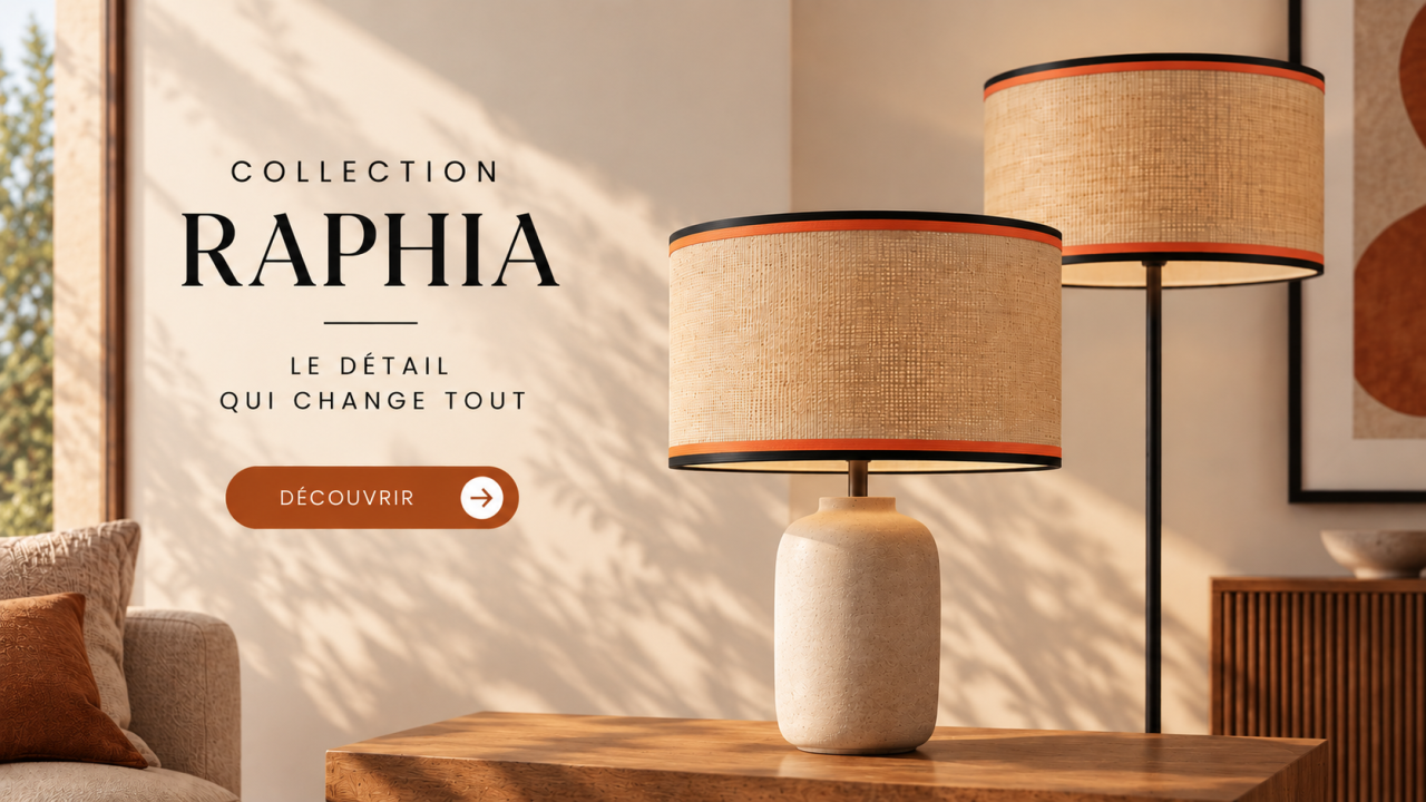 bat-jour en raphia naturel avec double liseré coton orange et noir – Collection Raphia