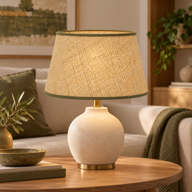 Abat-jour ZOLA en raphia naturel beige, forme tambour et bordage ton sur ton.