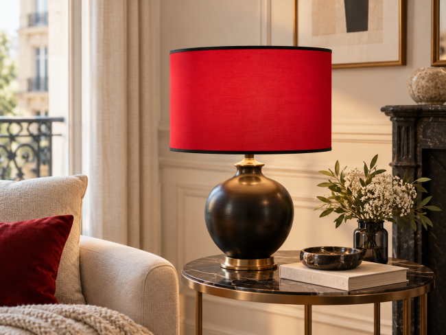 Abat-jour cylindrique rouge avec bordage noir sur lampe à poser dans un salon élégant