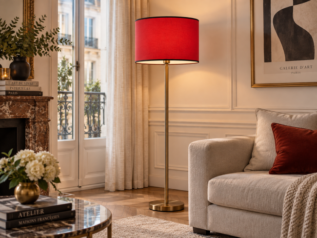 Lampadaire avec abat-jour cylindrique rouge et bordage noir dans un salon chaleureux