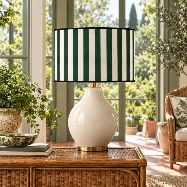 Abat-jour FAUBOURG vert à rayures, sur une lampe en céramique ivoire dans un intérieur décoré