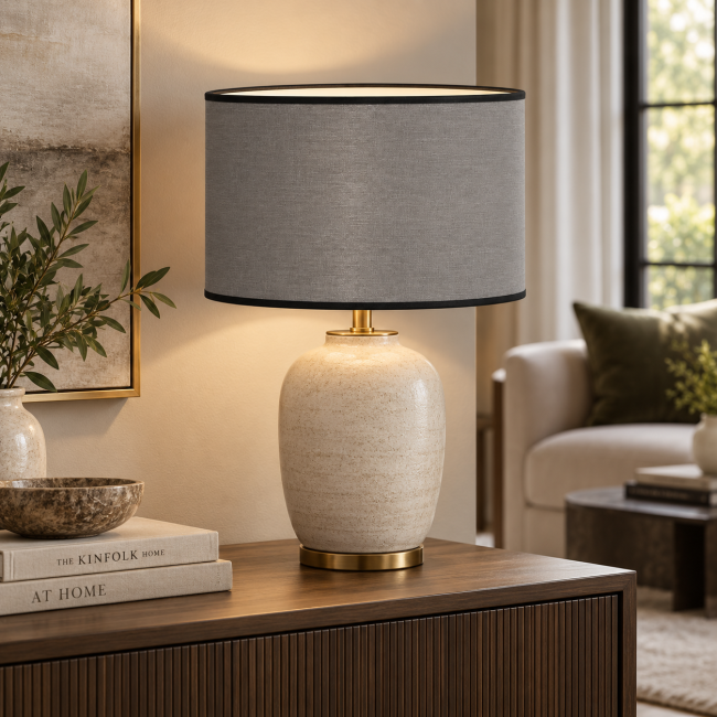Abat-jour déco gris sur lampe déco moderne chic - kauze luminaires paris Abat-jour rond en coton gris fabriqué à la main à Paris – KAUZE LUMINAIRES