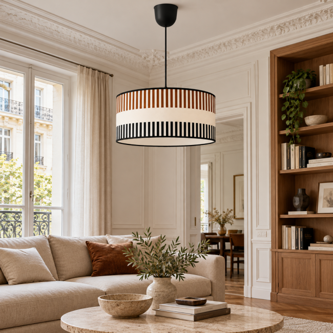 Suspension RIVAGE marron en situation dans un intérieur, motifs graphiques et finitions noires