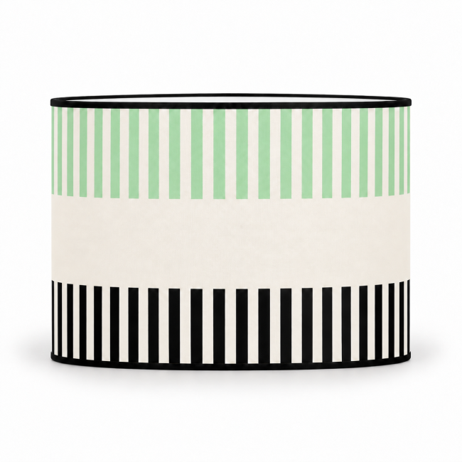 Abat-jour RIVAGE céladon, rayures colorées et noires, intérieur blanc, vue de face