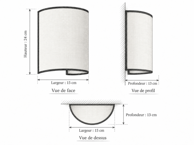 Schéma technique de l’applique murale MAUVE : hauteur 24 cm, largeur 15 cm, profondeur 13 cm