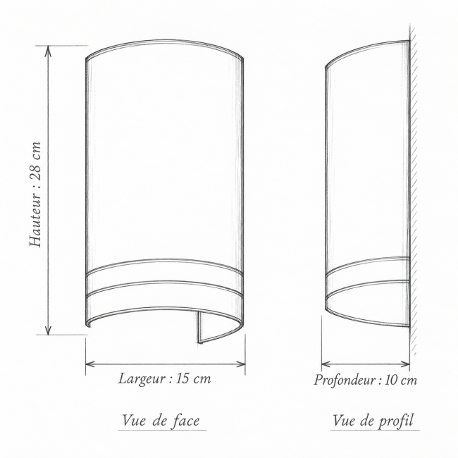 Schéma au crayon de l’applique murale KELLY : hauteur 28 cm, largeur 15 cm, profondeur 10 cm, vues de face et de profil