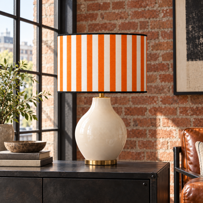 Abat-jour FAUBOURG orange à rayures sur une lampe en céramique ivoire dans un loft lumineux