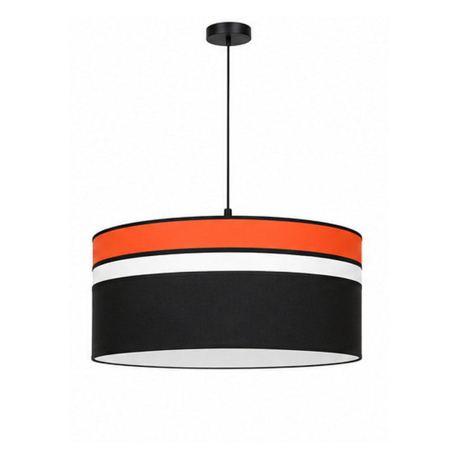 Suspension LUMIO en coton noir, blanc et orange sur fond blanc