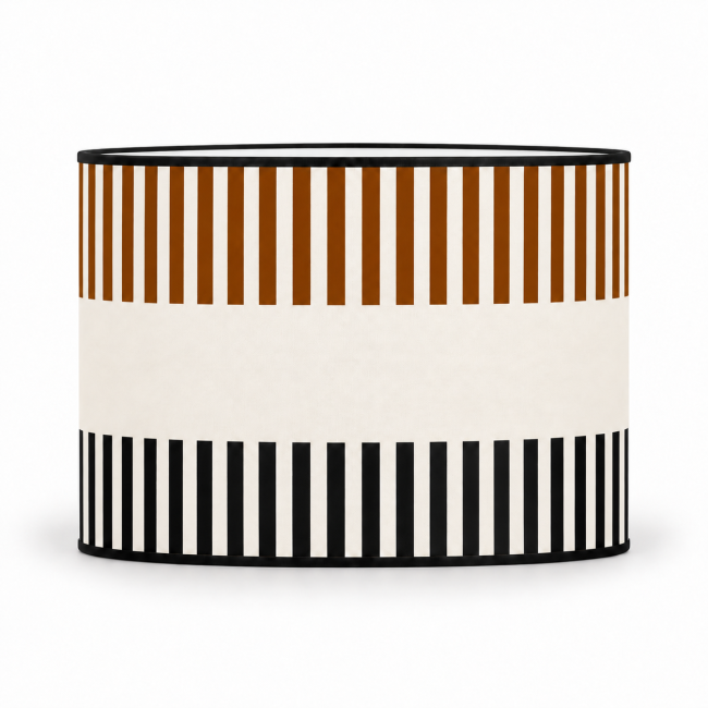 Abat-jour RIVAGE marron, rayures colorées et noires, intérieur blanc, vue de face