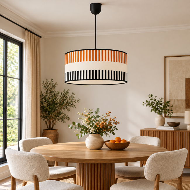 Suspension RIVAGE orange en situation dans un intérieur, motifs graphiques et finitions noires
