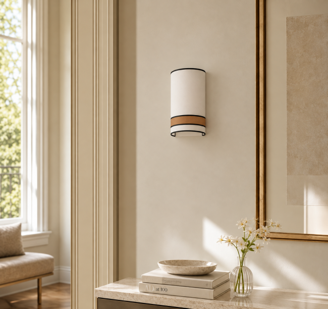 Applique murale KELLY en coton blanc avec bandeau taupe et bordures noires