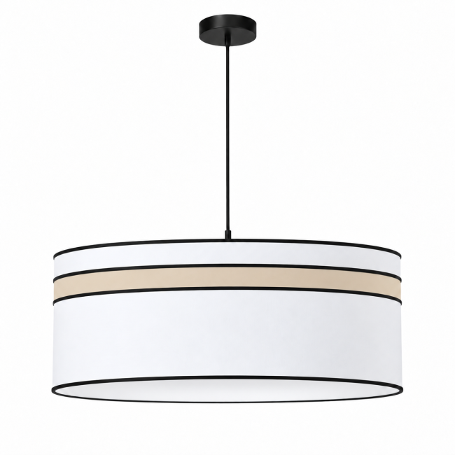 Suspension déco KELLY en coton blanc, bandeau beige, bordures et monture noires