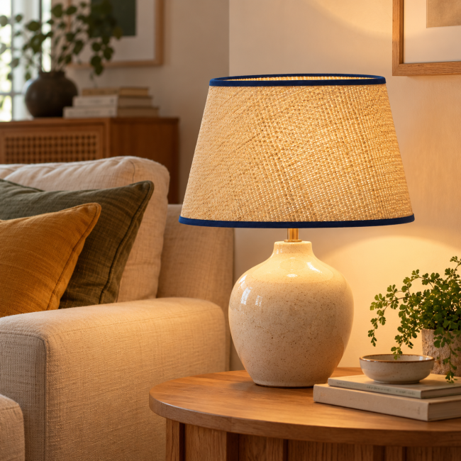 Abat-jour ZOLA forme tambour en raphia naturel beige avec bordage ton sur ton