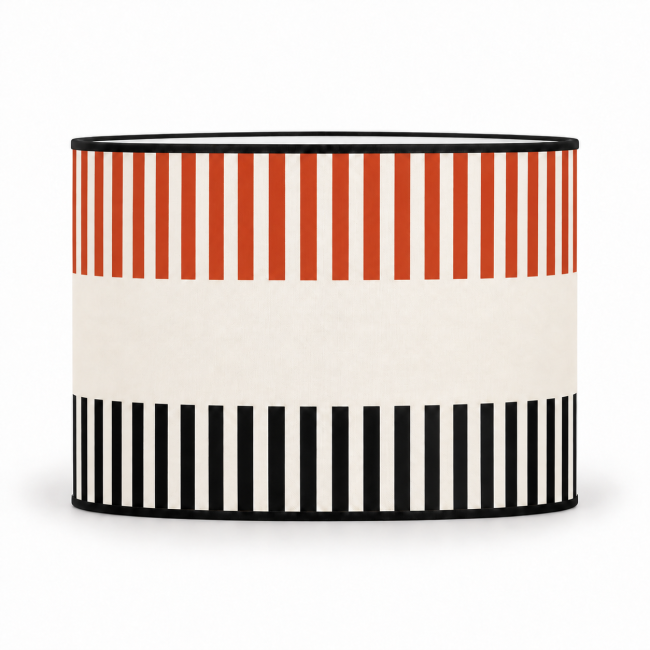Abat-jour RIVAGE brique, rayures colorées et noires, intérieur blanc, vue de face