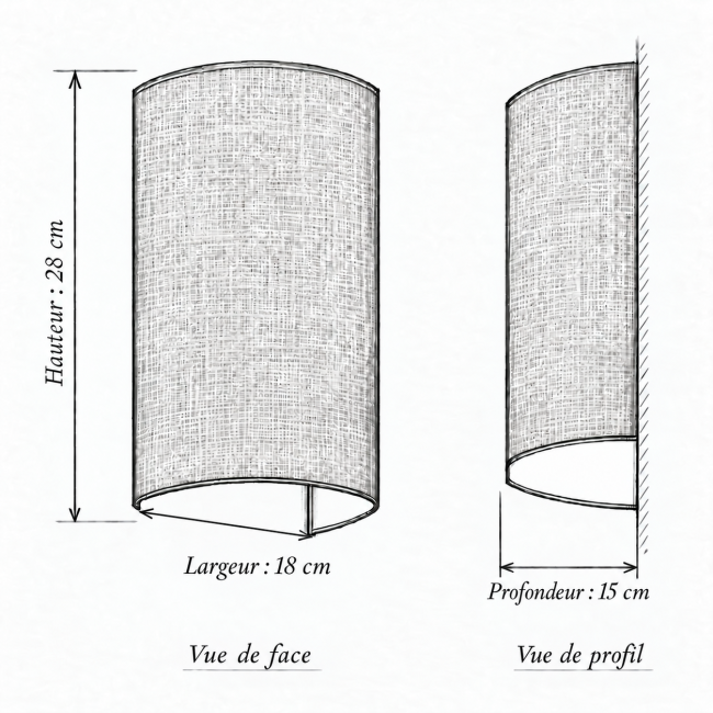 Schéma de l’applique Erbalunga en jute blanche : hauteur 28 cm, largeur 18 cm, profondeur 15 cm