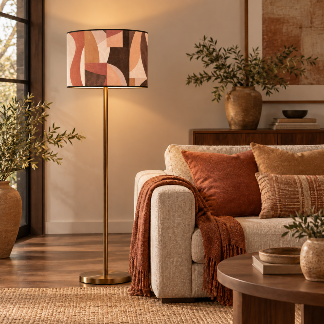 Abat-jour déco SAGONE beige chocolat et noir en coton imprimé avec bordage noir