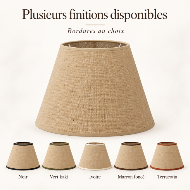 Abat-jour conique en jute avec finition bordage au choix