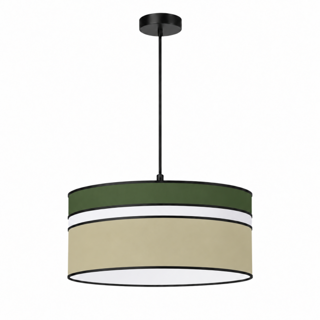 Suspension cylindrique MISTRAL en coton vert olive et beige, bande blanche et finitions noires