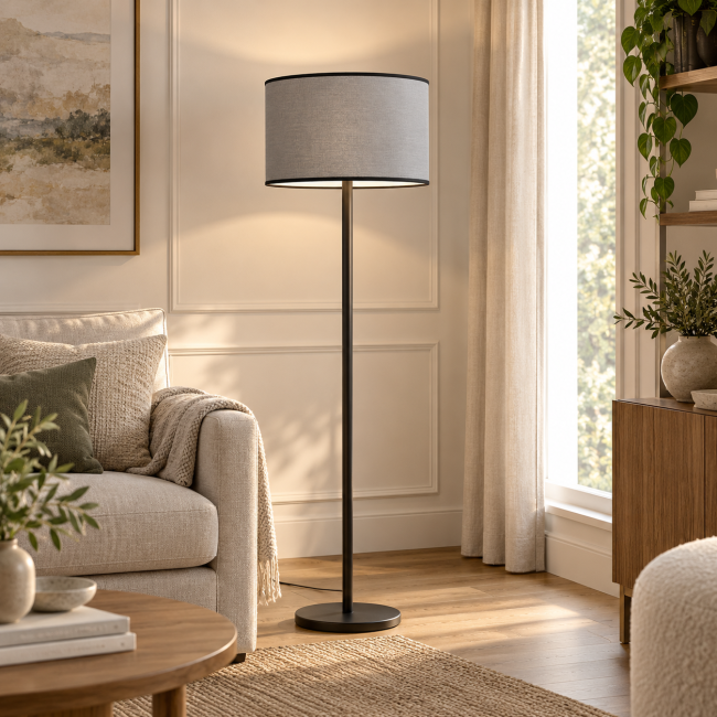 abat-jour déco gris - salon modern chic - kauze luminaires paris Abat-jour cylindrique gris avec bordage noir sur lampe à poser dans un intérieur moderne