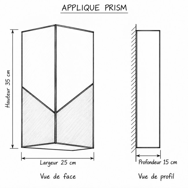 Schéma de l’applique murale géométrique PRISM, vues de face et de profil