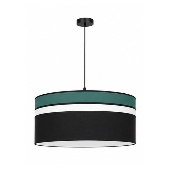 Suspension LUMIO en coton noir, blanc et vert paon sur fond blanc