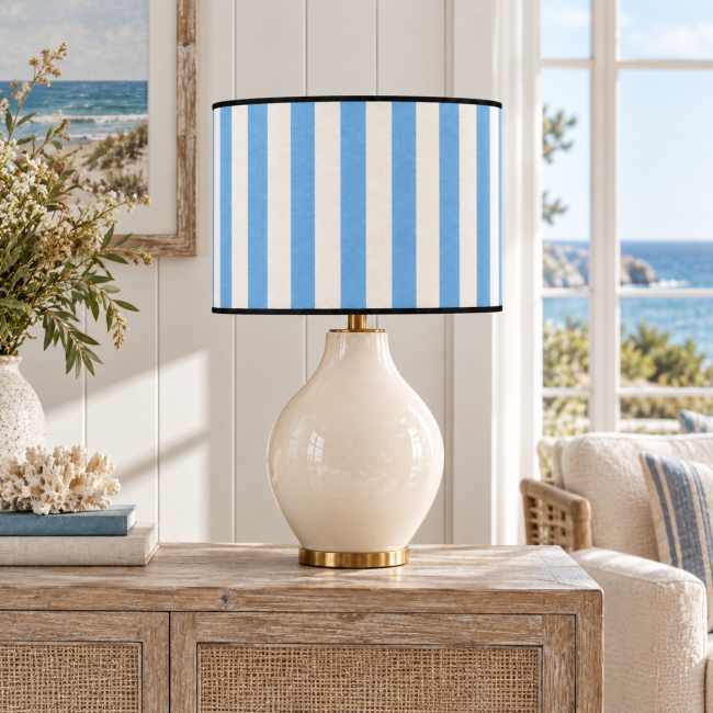 Abat-jour FAUBOURG bleu ciel à rayures, sur une lampe en céramique ivoire dans un intérieur décoré
