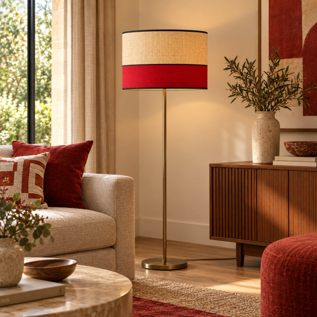 Abat-jour raphia et coton rouge pour lampadaire