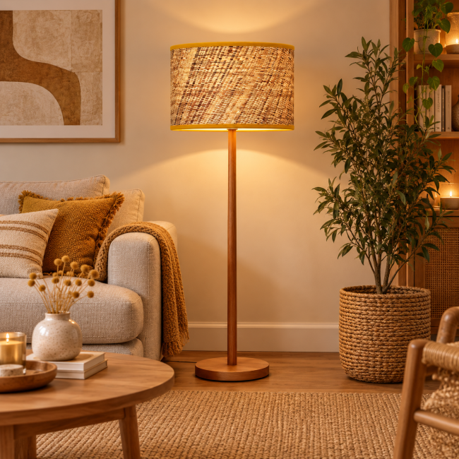 Abat-jour rond en raphia brun pour lampe à poser ou lampadaire