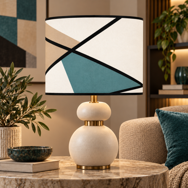 Abat-jour déco KALY Collection LINEA motif graphique bleu canard taupe KAUZE LUMINAIRES