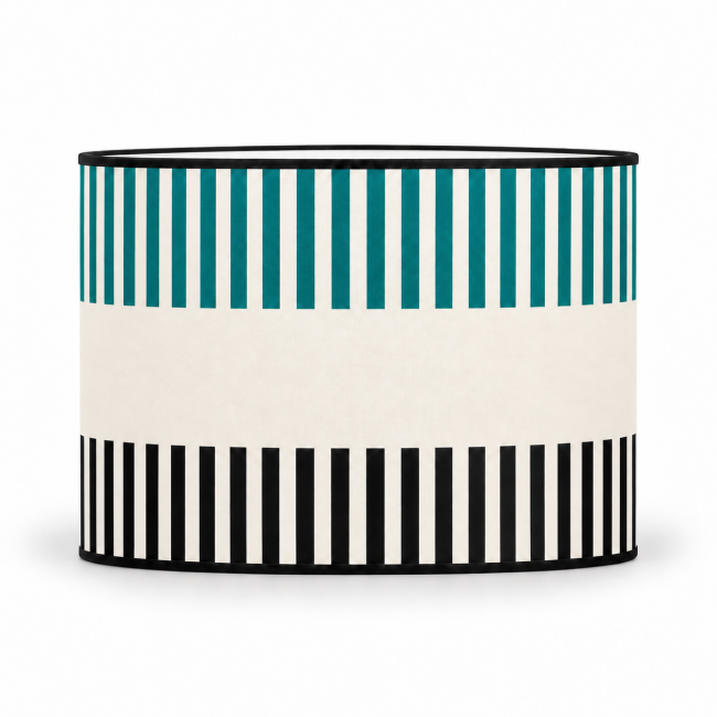 Abat-jour cylindrique RIVAGE bleu paon – motifs bleu paon et noir