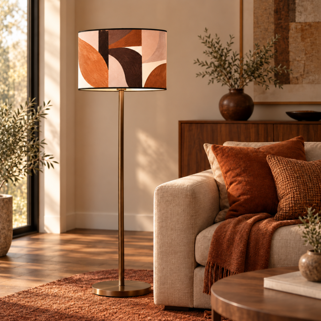 Abat-jour cylindrique SAGONE marron beige blanc avec bordage noir pour lampe et lampadaire