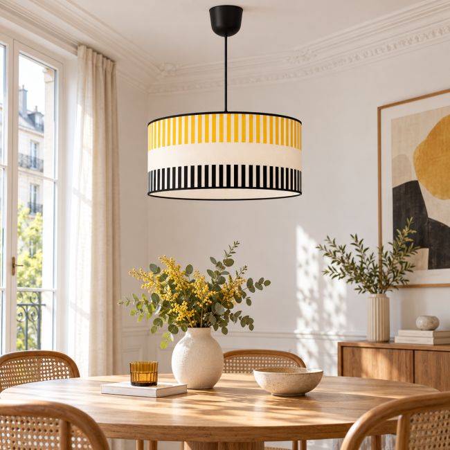 Suspension RIVAGE jaune safran en situation dans un intérieur, motifs graphiques et finitions noires