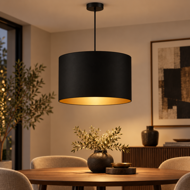 Suspension cylindrique noire et dorée pour salle à manger