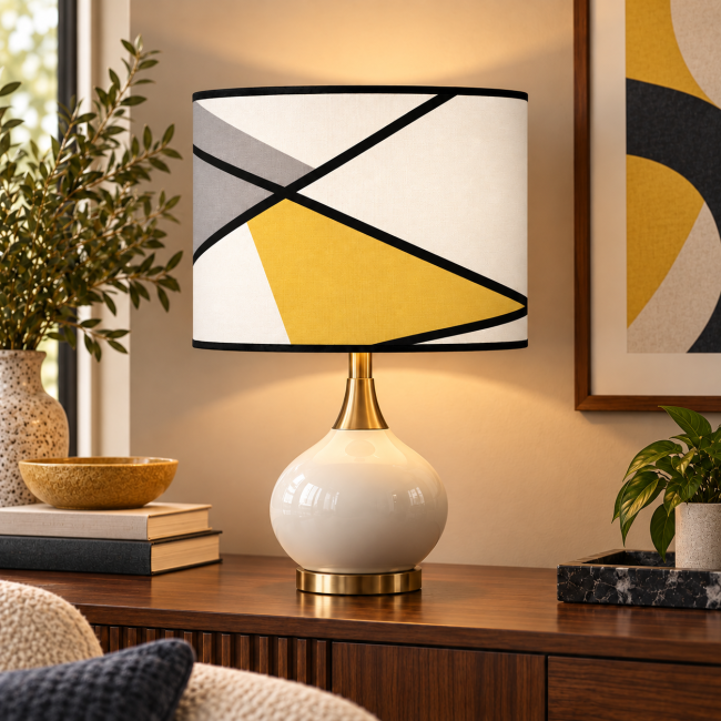 Abat-jour déco GINO Collection LINEA motif graphique jaune et gris KAUZE LUMINAIRES